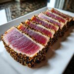 Slices of perfectly cooked Seared Ahi Tuna, crusted with black and white sesame seeds, showing a bright red rare center.