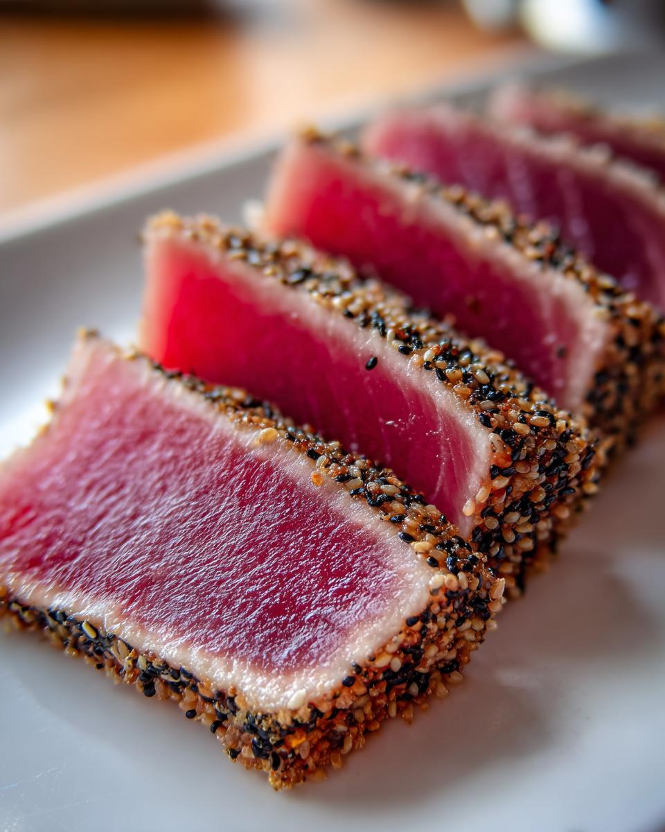 Close-up of perfectly seared ahi tuna, sliced to show the rare, deep red center and sesame seed crust.