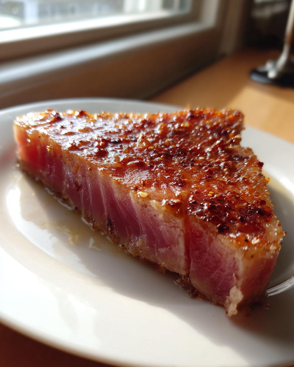 A thick, perfectly seared tuna steak, rare in the center, coated in a glistening marinade for tuna steak glaze, served on a white plate.