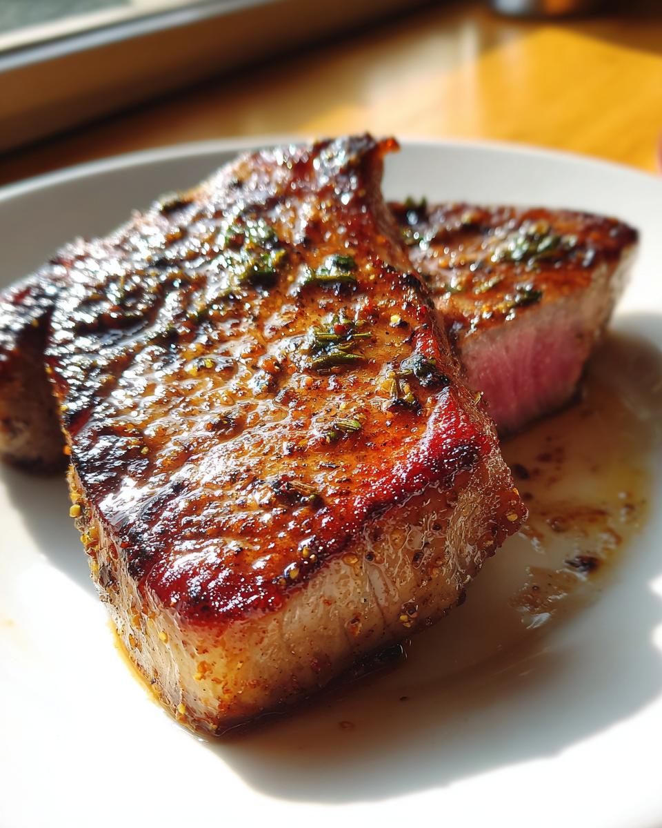Close-up of two perfectly seared tuna steak pieces seasoned with herbs, showing a medium-rare center, ideal for a MARINADE FOR TUNA STEAK recipe.