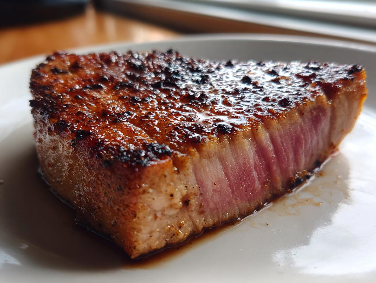 Close-up of a thick, seared tuna steak showing a beautiful crust and rare pink center, prepared with a MARINADE FOR TUNA STEAK.