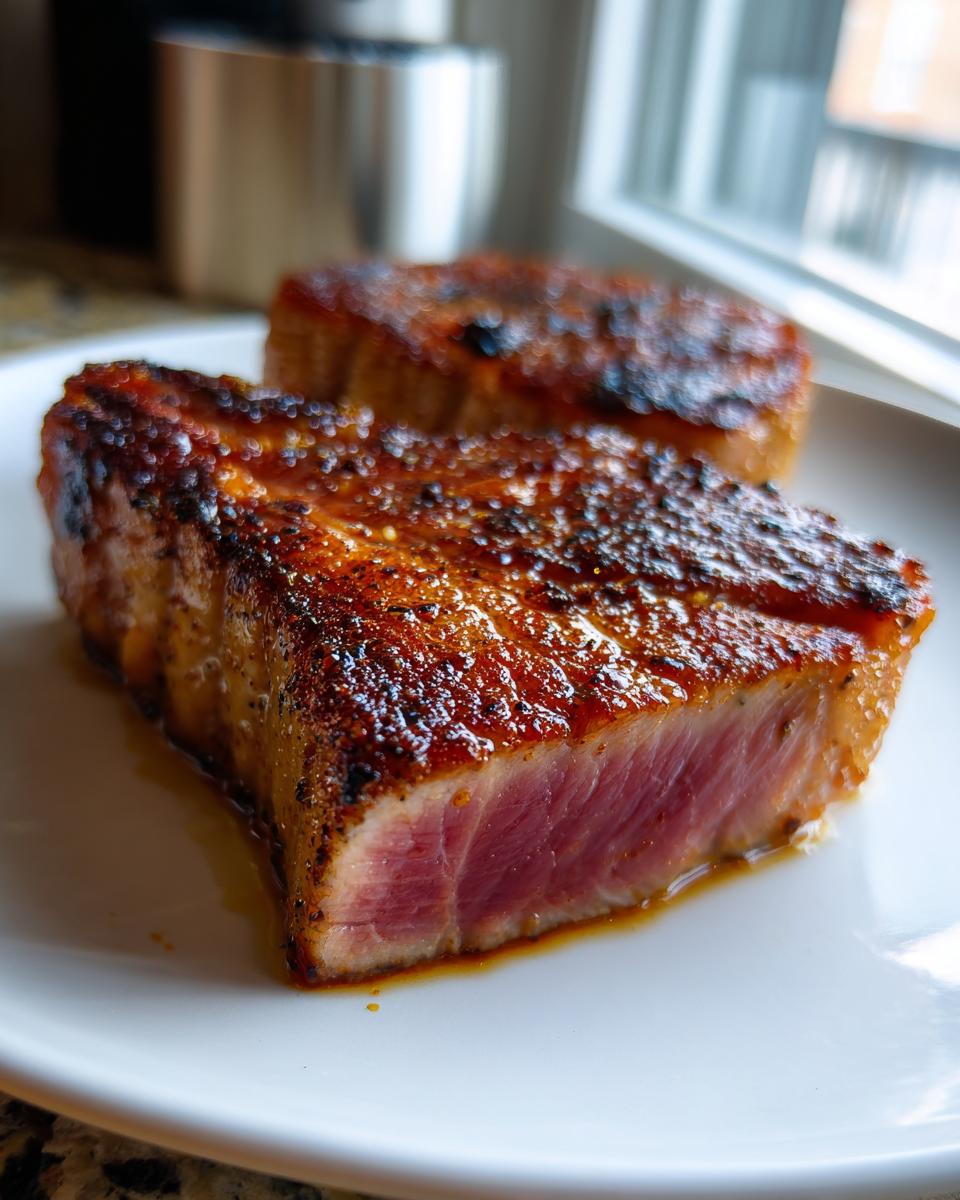 Close-up of a perfectly seared tuna steak, showing a dark crust and rare pink center, prepared with MARINADE FOR TUNA STEAK.