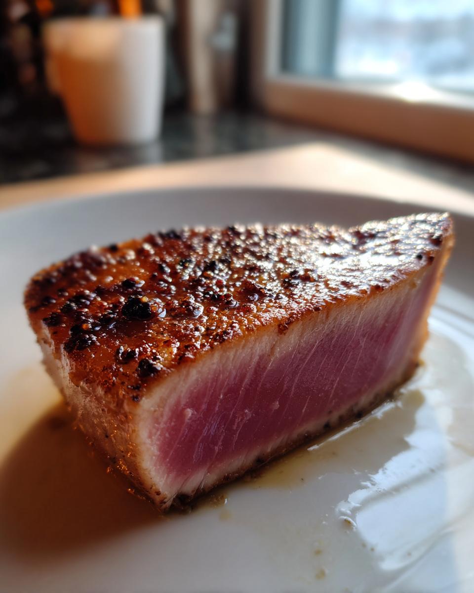 Close-up of a perfectly seared tuna steak, showing a dark crust and rare pink center, resting in its juices.