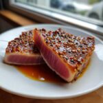 Two slices of perfectly seared tuna steak, crusted with sesame seeds, showing a rare center, ready after using the MARINADE FOR TUNA STEAK.
