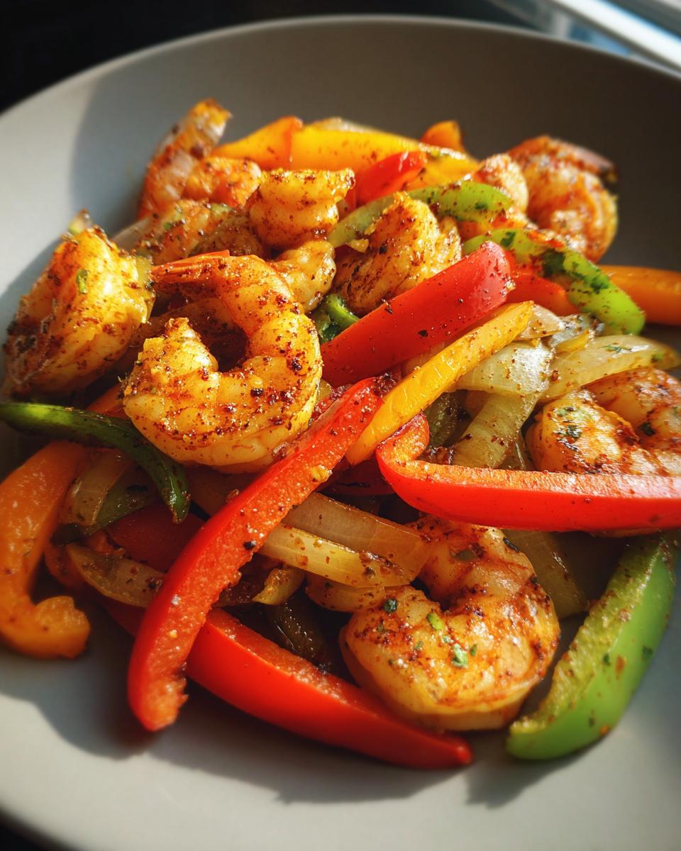 Close-up of seasoned shrimp fajitas featuring plump shrimp mixed with vibrant red, yellow, and green bell peppers and onions.