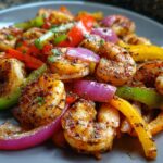Close-up of seasoned shrimp mixed with colorful bell peppers and red onion for shrimp fajitas.