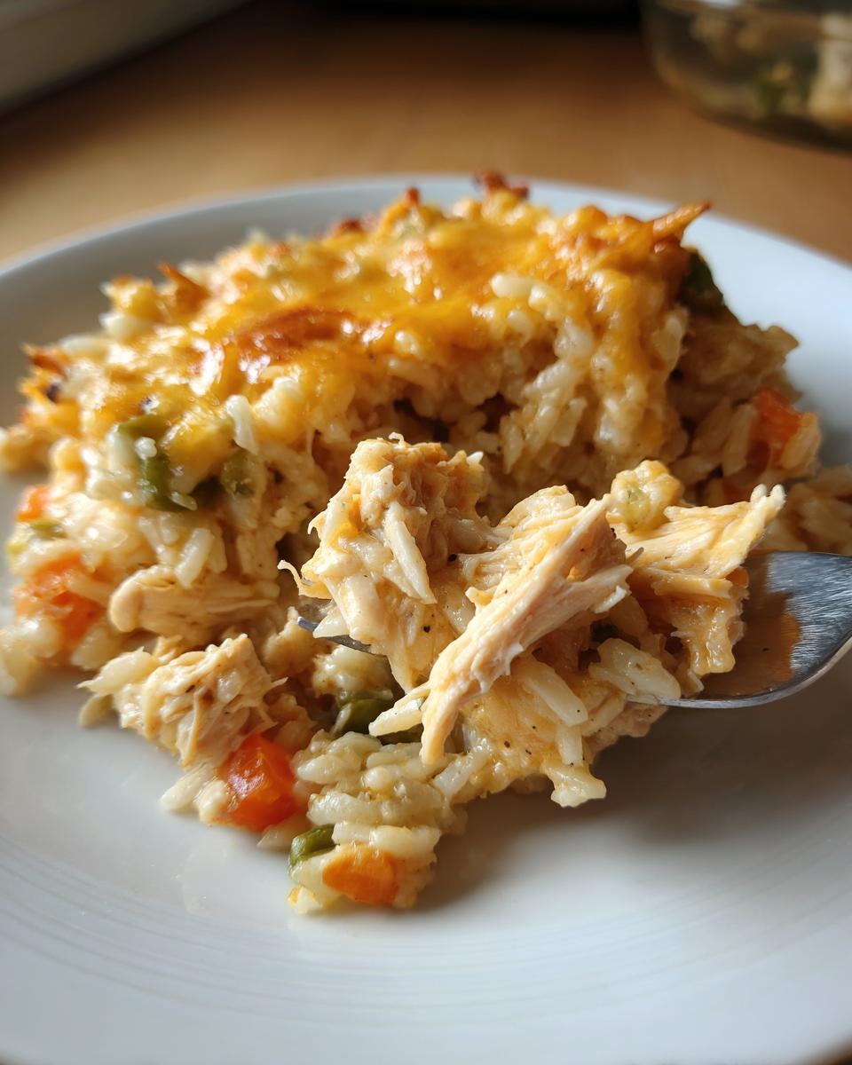 Close-up of a fork lifting shredded chicken from a serving of cheesy Chicken and rice casserole with visible carrots and peas.