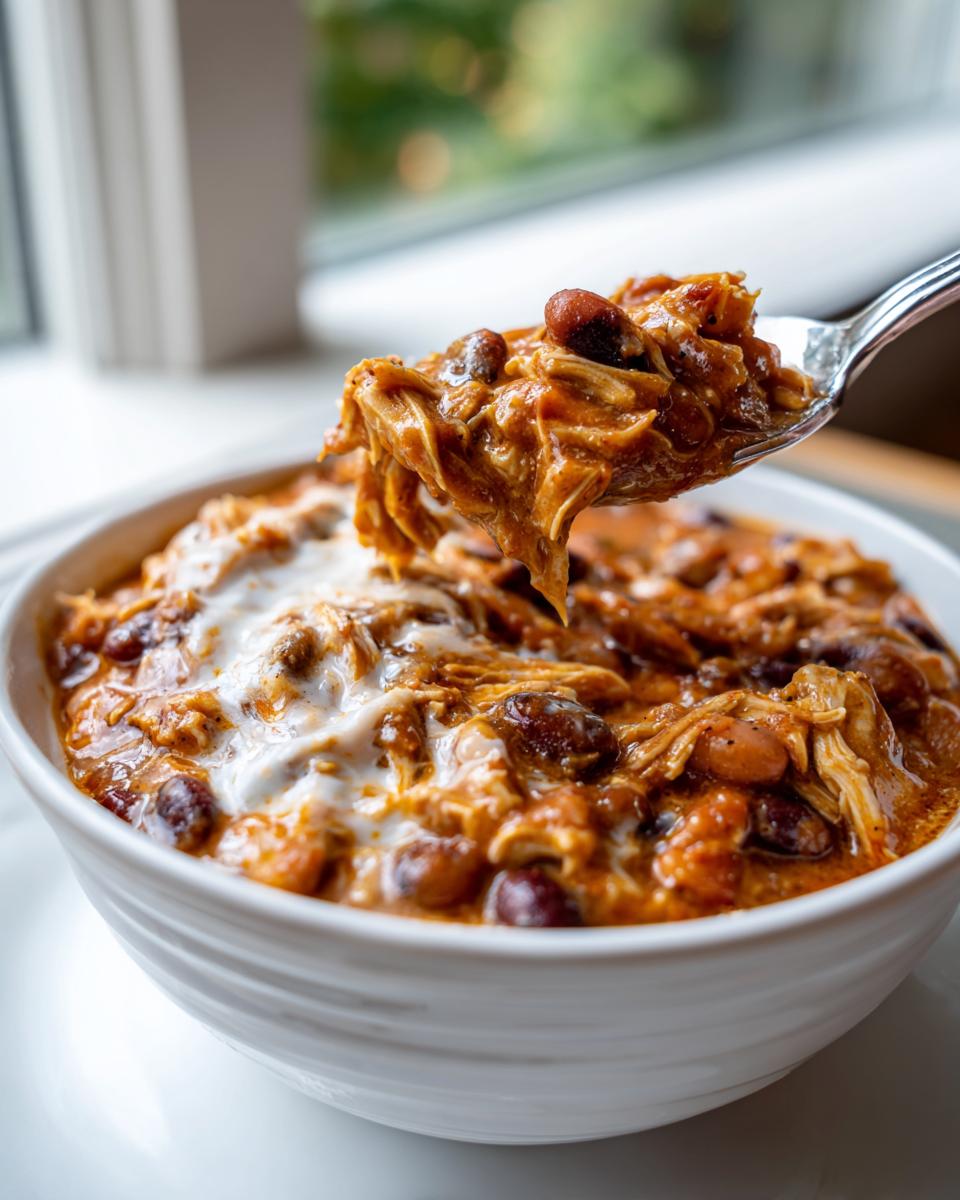 A spoonful of rich, shredded cream cheese chicken chili being lifted from a white bowl.