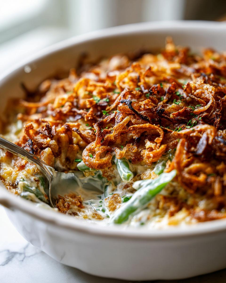 A spoonful being taken from a creamy green bean casserole topped with crispy fried onions.