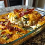 A spoonful of cheesy, creamy Jalapeño popper dip topped with bacon bits and fresh jalapeño slices.
