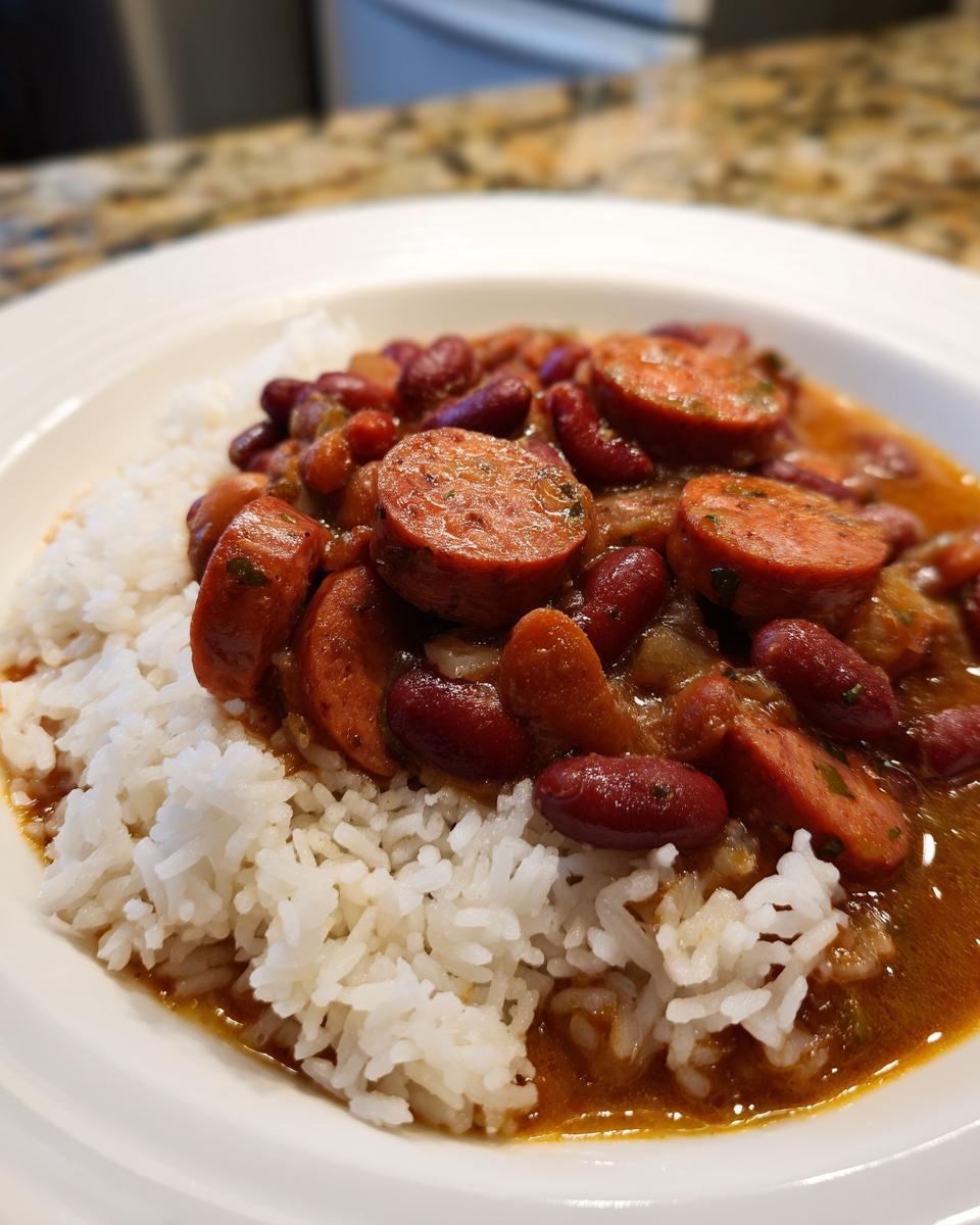 A close-up of a white bowl filled with fluffy white rice topped generously with rich red beans and slices of smoked sausage, classic red beans and rice.