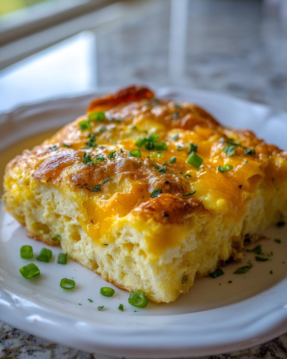 Close-up of a thick square slice of baked sheet pan eggs, topped with melted cheddar cheese and green onions.