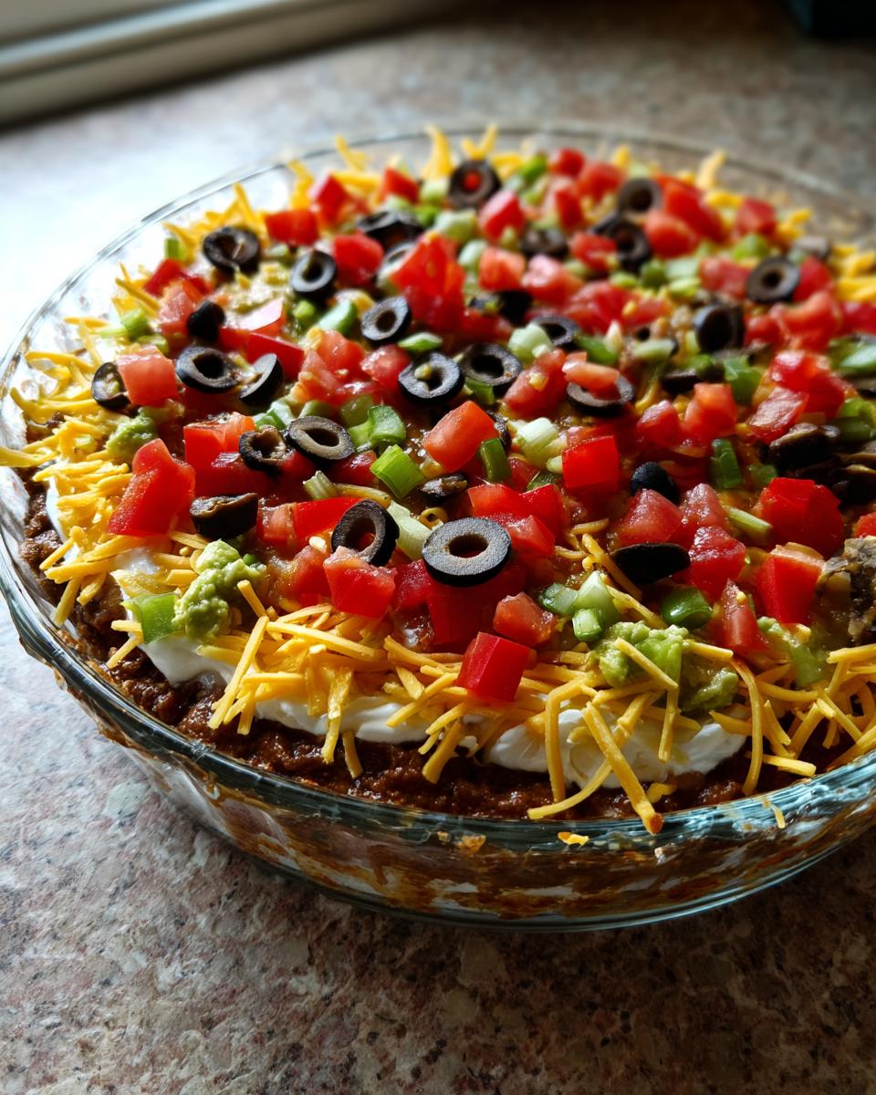 A vibrant, fully assembled Seven layer dip in a clear glass dish, topped with shredded cheese, tomatoes, olives, and green onions.