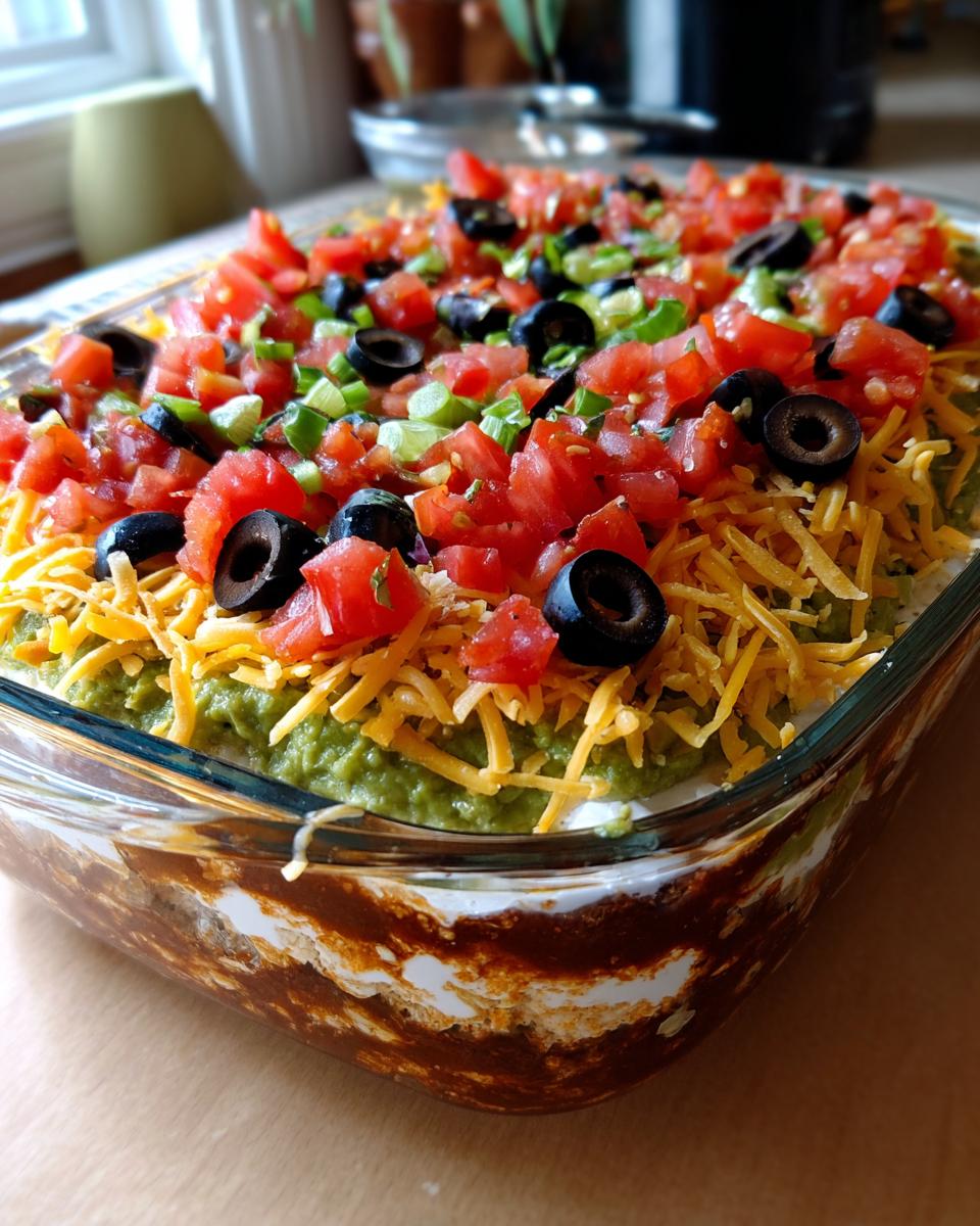 A close-up view of a fully assembled Seven layer dip in a clear glass dish, topped with guacamole, cheese, tomatoes, olives, and green onions.