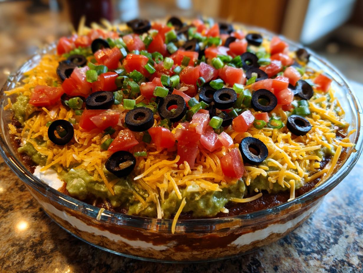 A vibrant, fully assembled Seven layer dip topped with shredded cheese, diced tomatoes, black olives, and green onions.