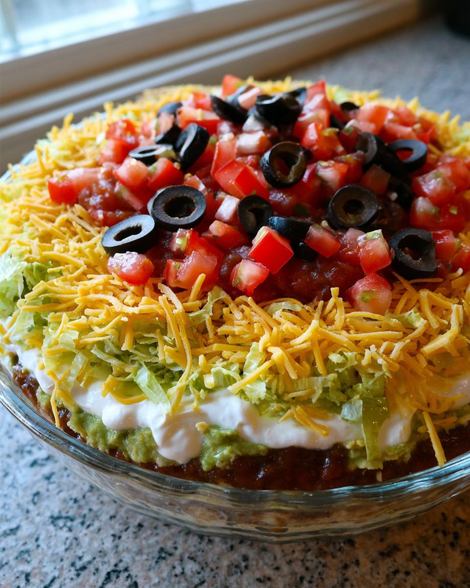 A vibrant, layered Seven layer dip topped with shredded cheese, lettuce, tomatoes, and black olives in a clear glass dish.