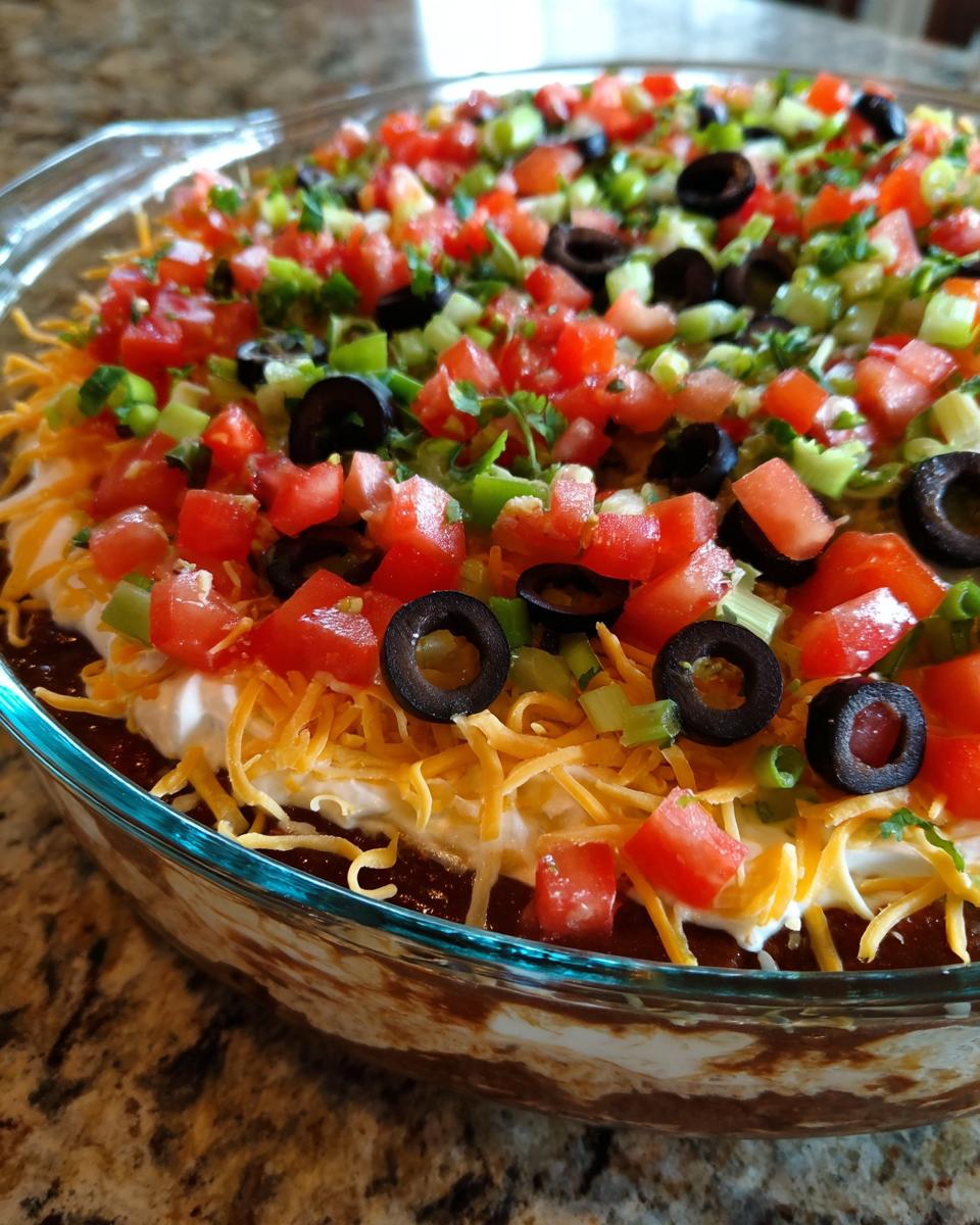 A close-up view of a layered Seven layer dip topped with shredded cheese, tomatoes, black olives, and green onions.