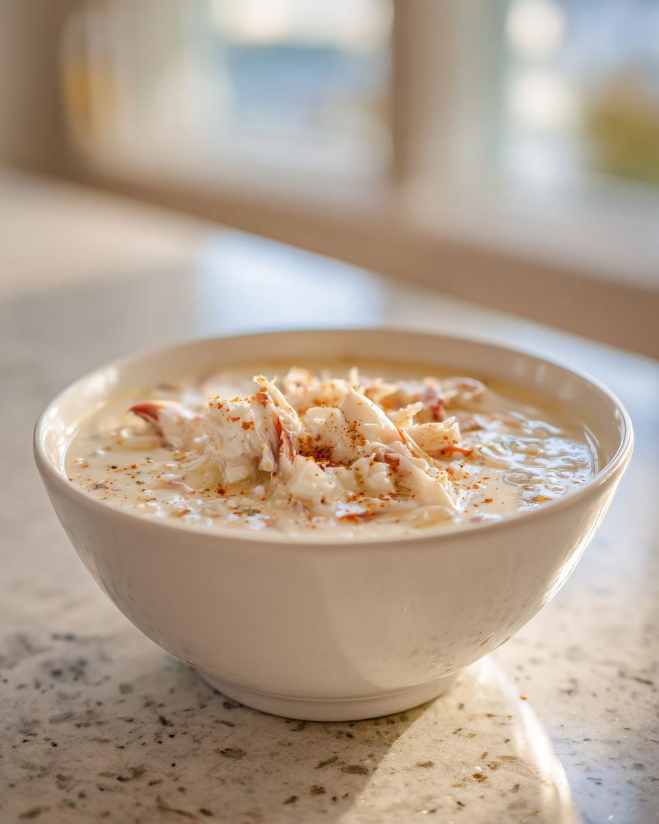A close-up of a creamy bowl of she crab soup generously topped with shredded crab meat and spices.