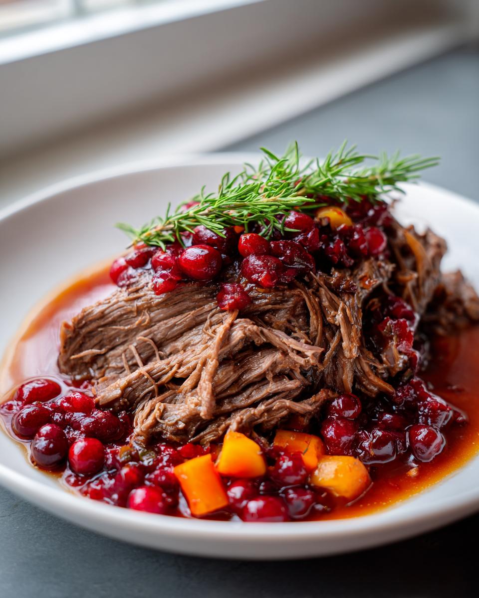 Shredded cranberry pot roast served in a white bowl, topped with whole cranberries and fresh rosemary.