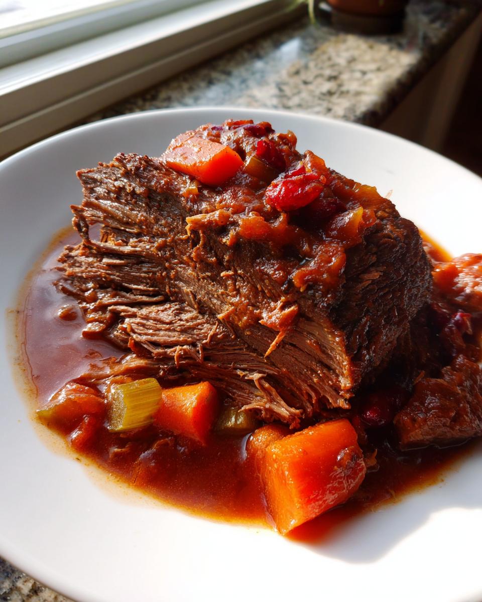 A serving of tender, shredded cranberry pot roast topped with sauce, carrots, and celery in a white bowl.