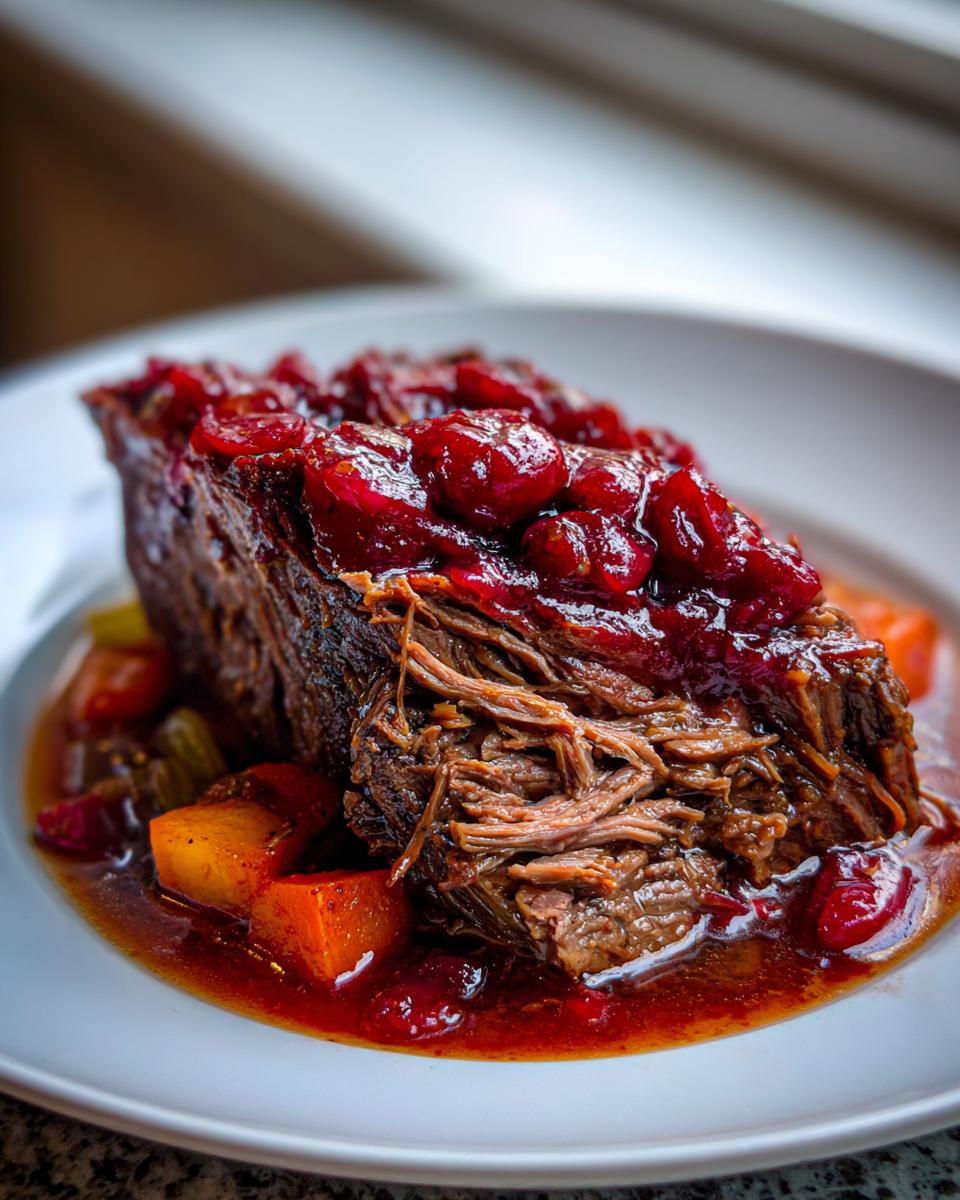 Close-up of a tender slice of cranberry pot roast, shredded and topped with glossy cranberry sauce.
