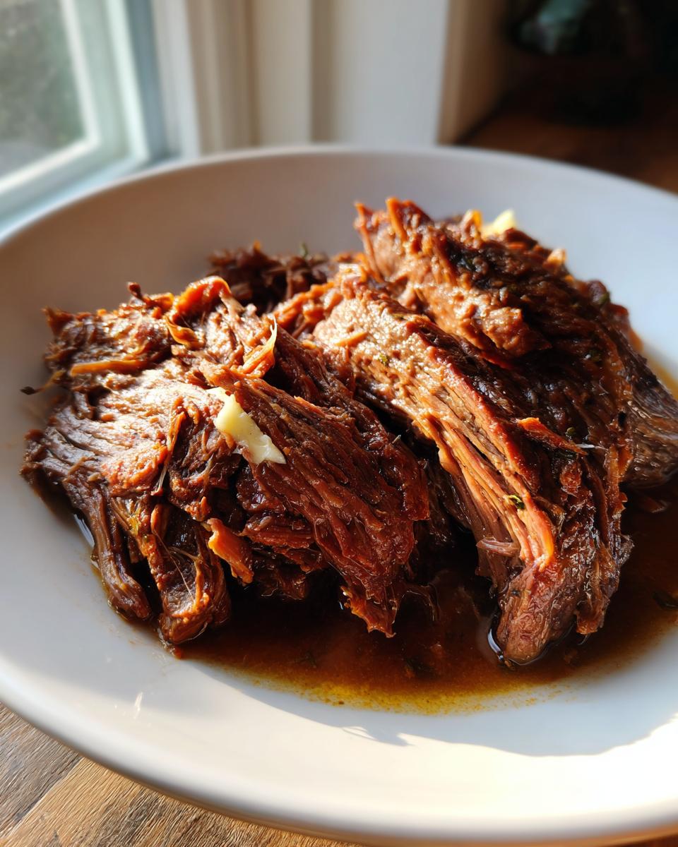 Close-up of tender, shredded mississippi pot roast served in a white bowl with natural light.