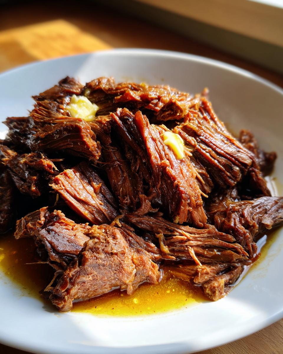 Close-up of tender, shredded mississippi pot roast served in a white bowl with melted butter pats on top.