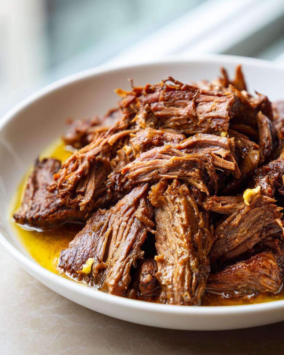 Close-up of tender, shredded mississippi pot roast served in a white bowl with rich brown juices.