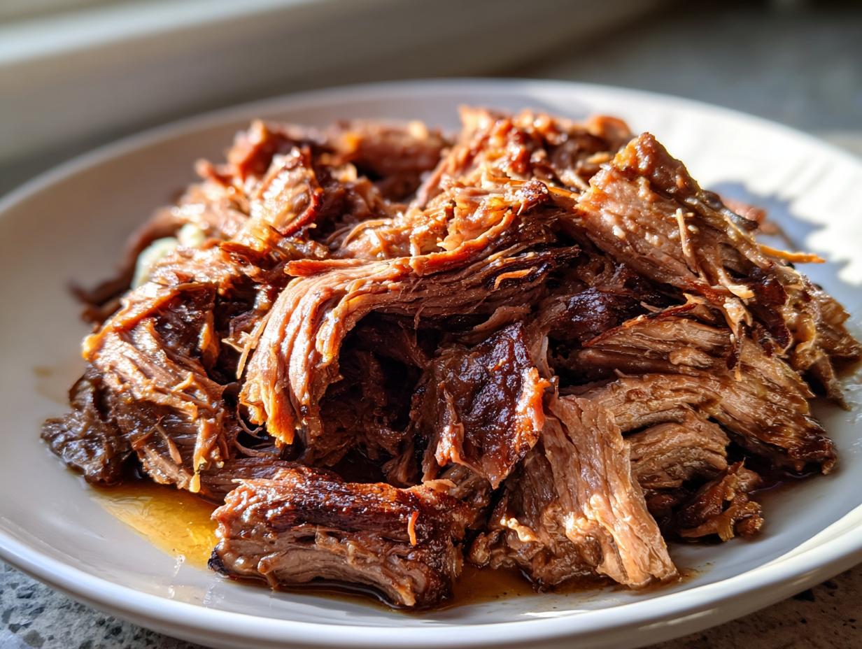 Close-up of perfectly shredded, juicy mississippi pot roast piled high on a white plate.