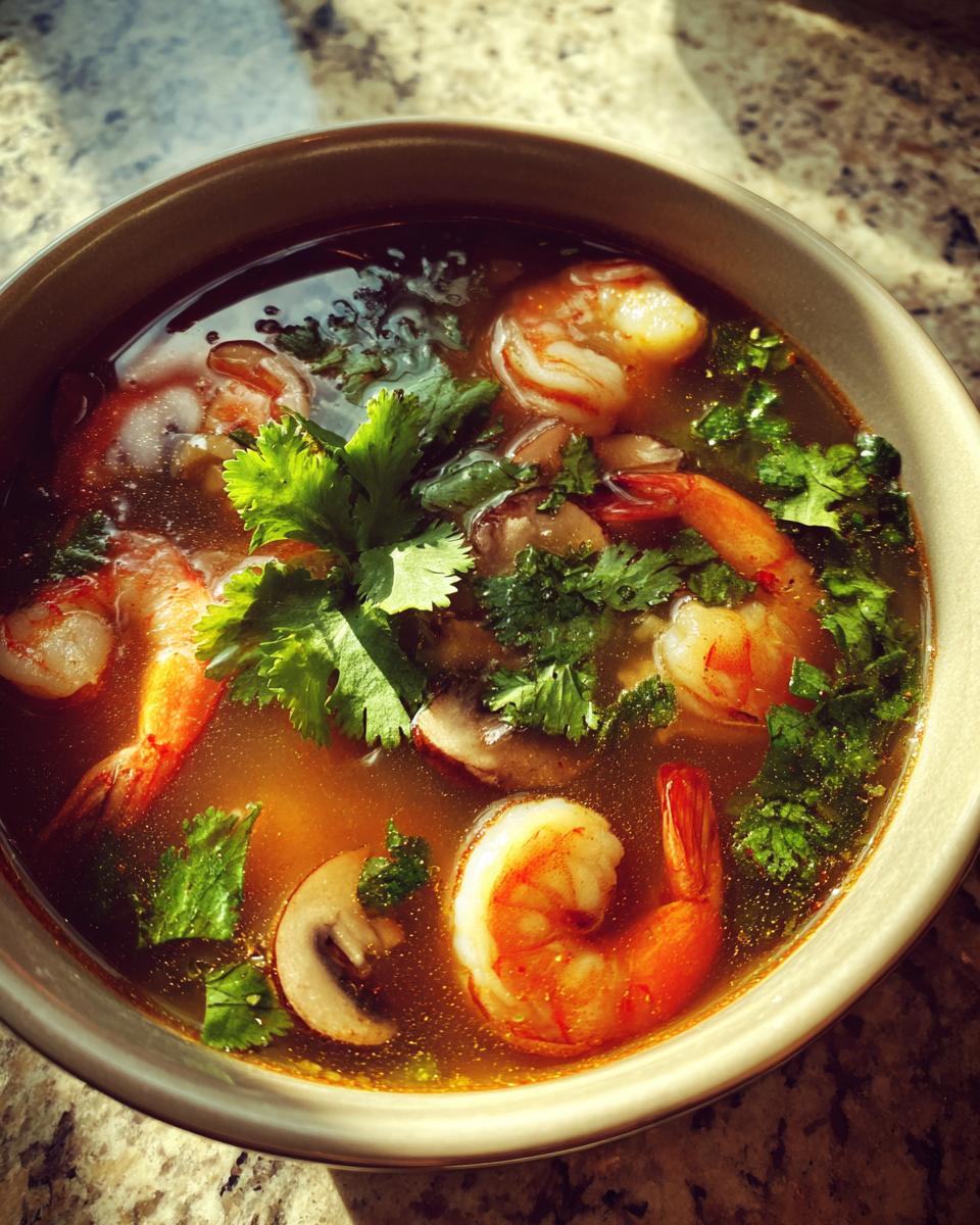 A close-up overhead view of a bowl of vibrant tom yum soup featuring large shrimp, mushrooms, and fresh cilantro.