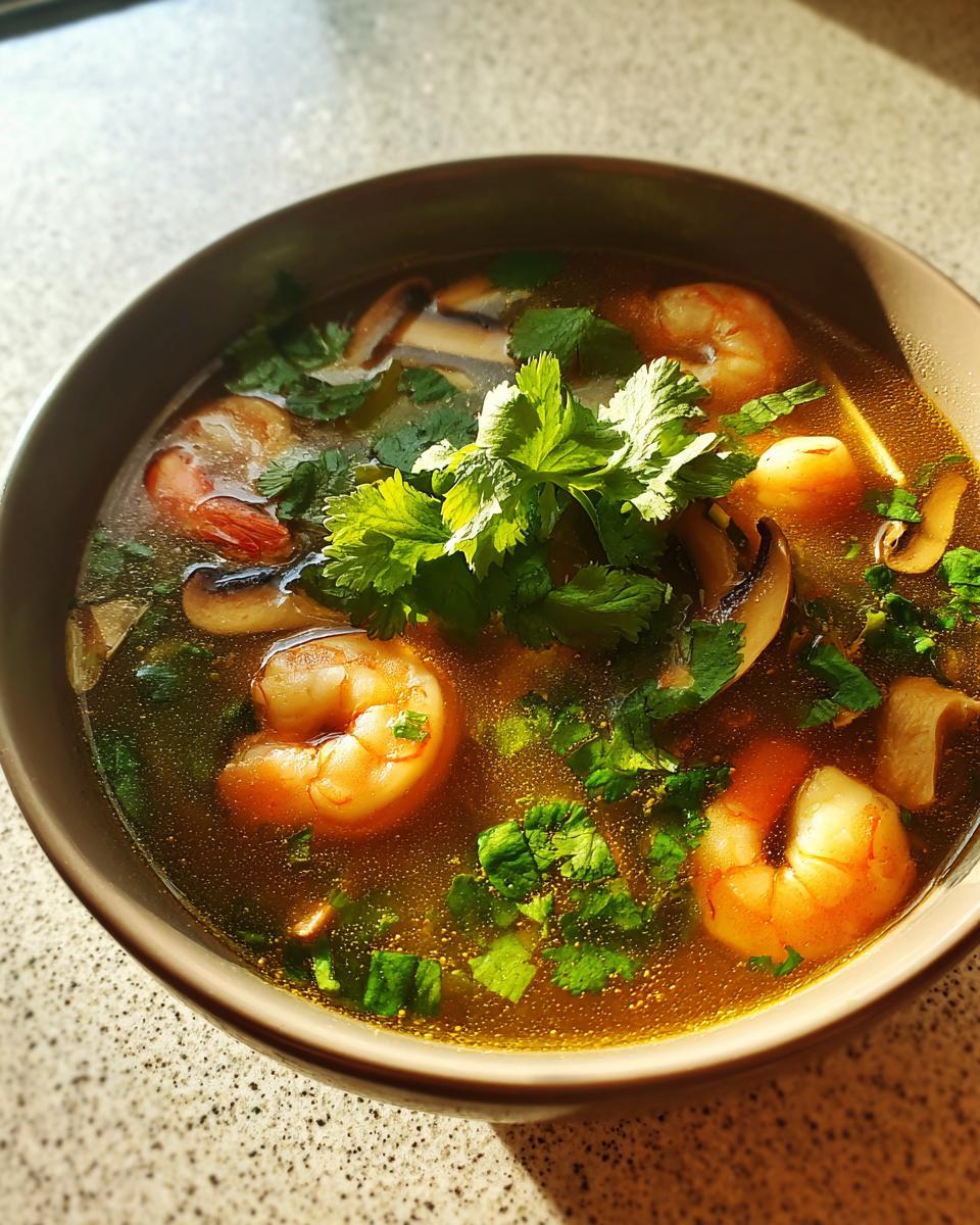 A close-up overhead shot of a bowl of vibrant, clear broth tom yum soup featuring plump shrimp and mushrooms, garnished with fresh cilantro.