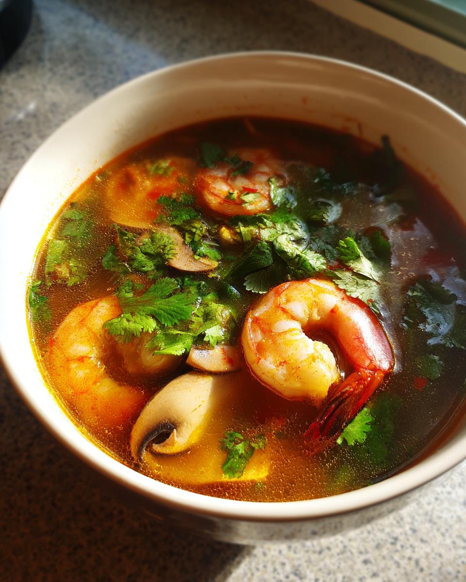 A close-up of a bowl of vibrant, spicy tom yum soup featuring large shrimp, sliced mushrooms, and fresh cilantro.