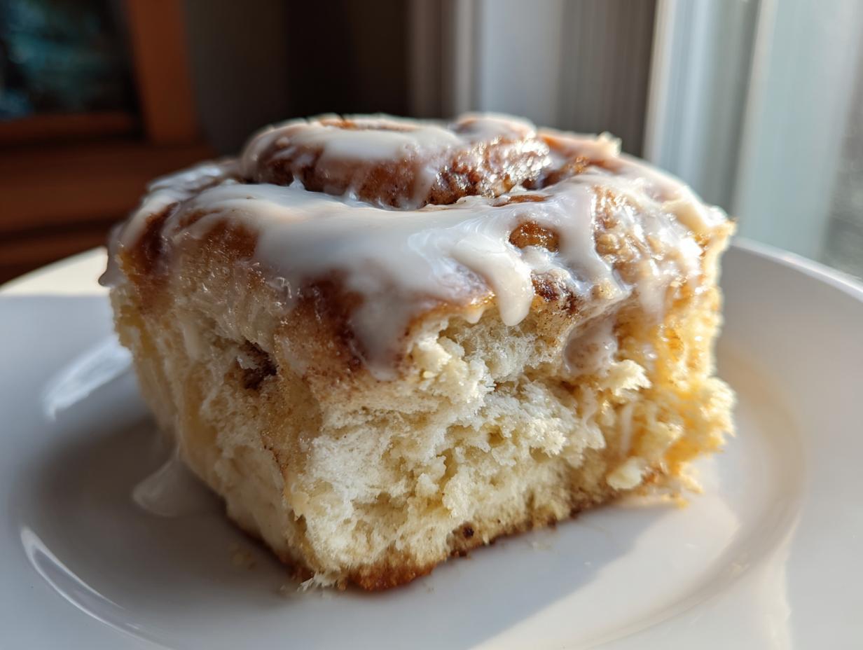 A close-up of a single, fluffy square piece of cinnamon roll casserole topped with thick white icing.