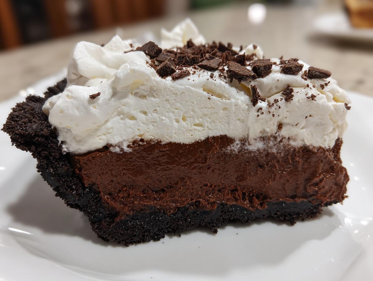 A close-up of a rich slice of mud pie showing dark chocolate crust, thick chocolate filling, and whipped cream topping with chocolate shavings.