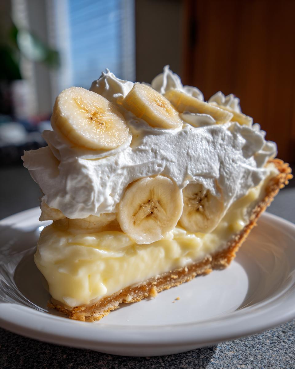 A generous slice of banana cream pie showing thick vanilla custard, crust, and a topping of whipped cream and fresh banana slices.