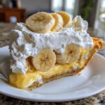A decadent slice of banana cream pie topped with thick whipped cream and fresh banana slices.