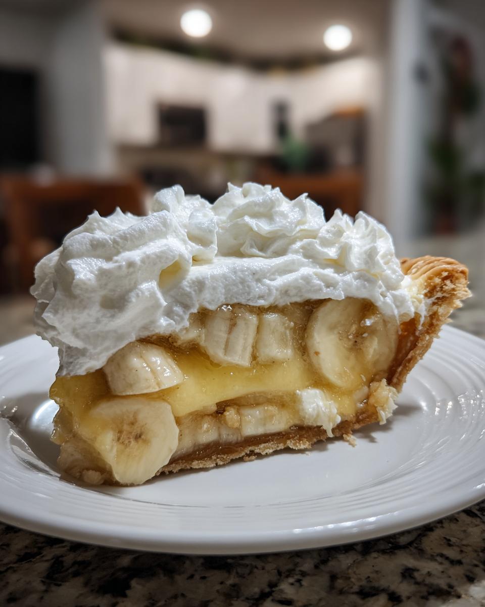 A generous slice of banana cream pie with visible layers of crust, bananas, custard, and topped with whipped cream.