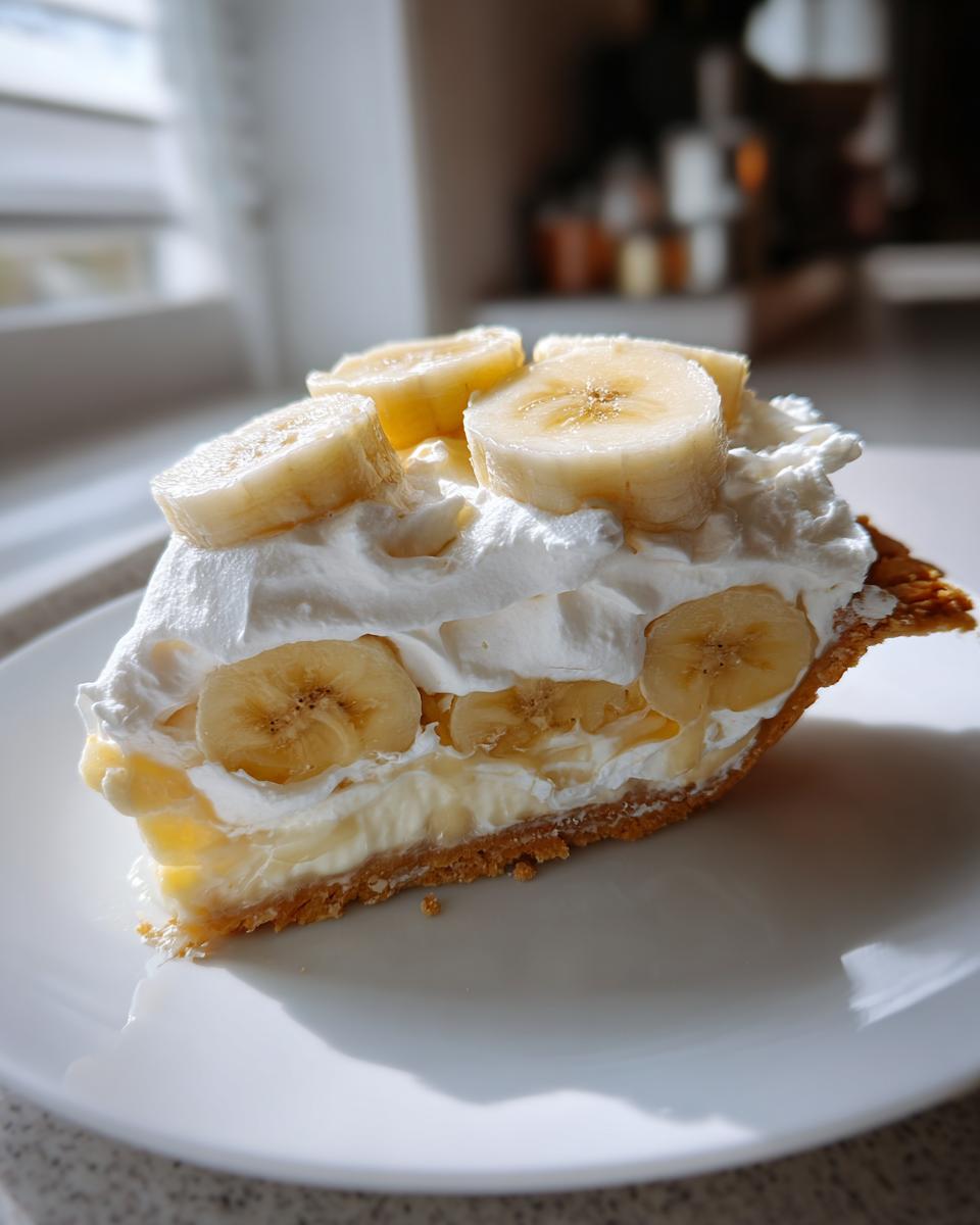 A perfect slice of banana cream pie featuring a graham cracker crust, creamy filling, and topped with whipped cream and fresh banana slices.