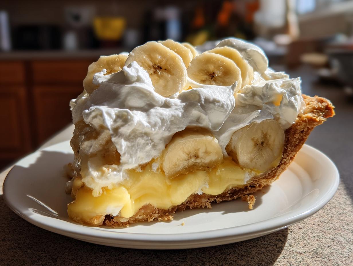 A generous slice of banana cream pie featuring thick vanilla custard, fresh banana slices, and a mountain of whipped cream.