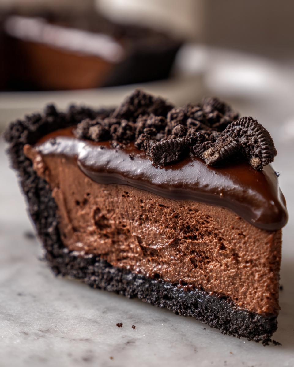 Close-up of a slice of chocolate mousse pie with a dark cookie crust, topped with ganache and crushed cookies.