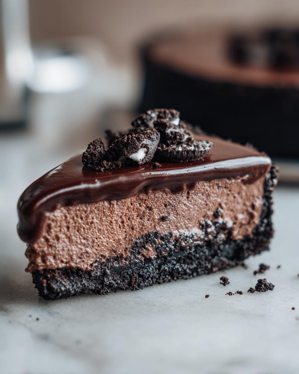 Close-up of a rich slice of chocolate mousse pie featuring a dark crust, light brown mousse, and topped with chocolate ganache and crushed cookies.