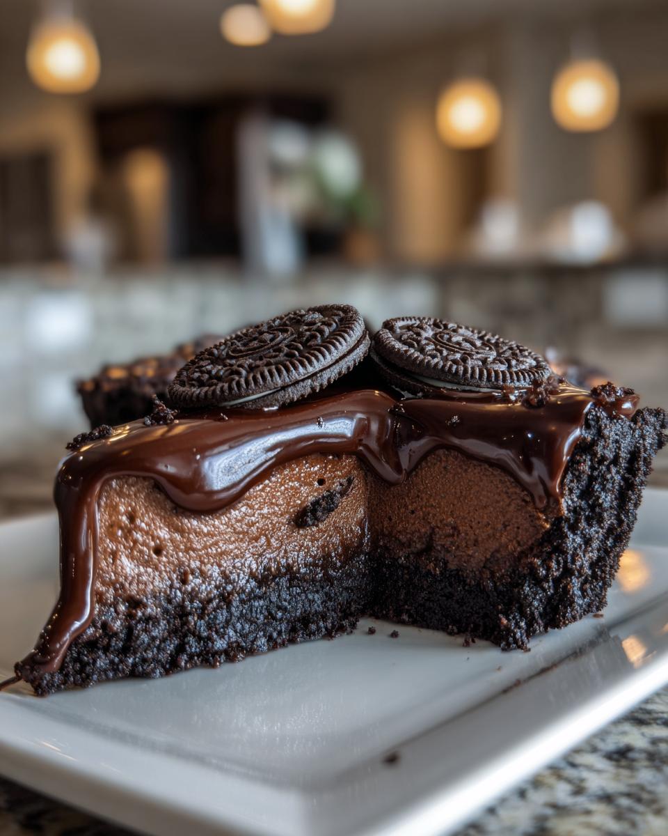 A decadent slice of chocolate mousse pie with a thick Oreo crust, topped with ganache and two whole Oreo cookies.