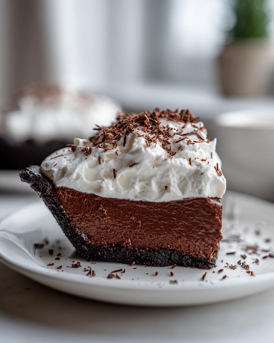 A decadent slice of Christmas chocolate cream pie featuring a dark chocolate filling, Oreo crust, and generous whipped cream topped with chocolate shavings.