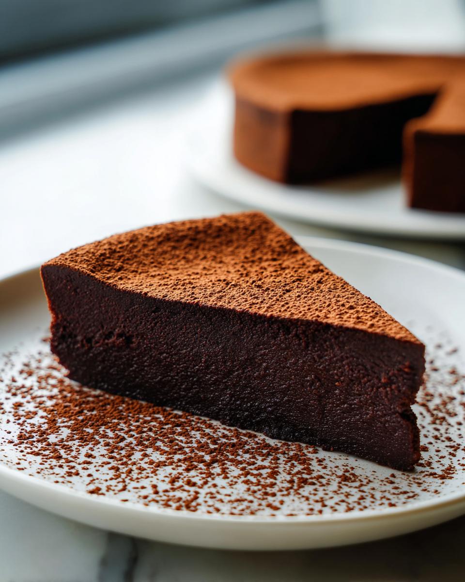 A decadent slice of flourless chocolate torte, heavily dusted with cocoa powder, resting on a white plate.