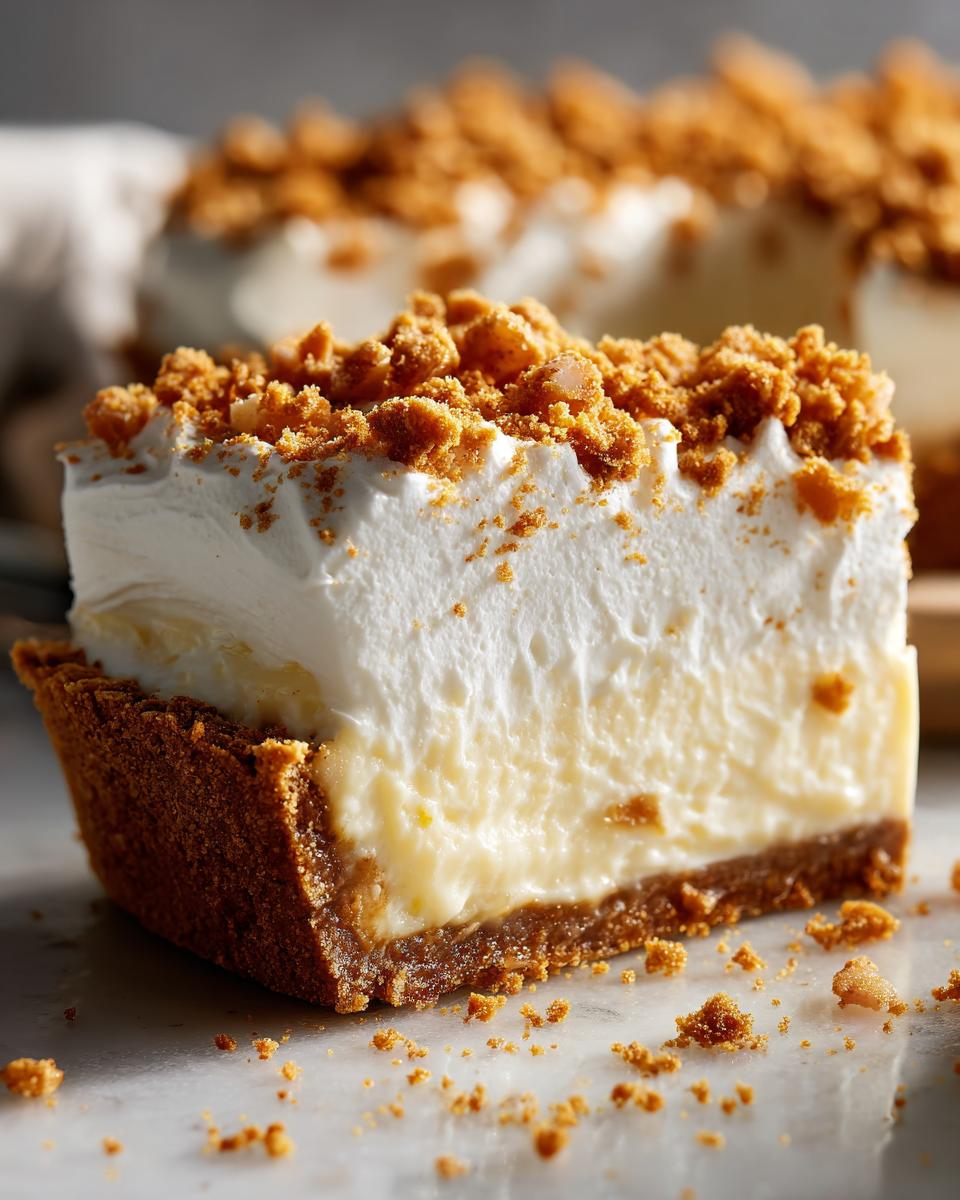 Close-up of a thick slice of millionaire pie showing a graham cracker crust, creamy filling, and whipped topping sprinkled with crumbs.