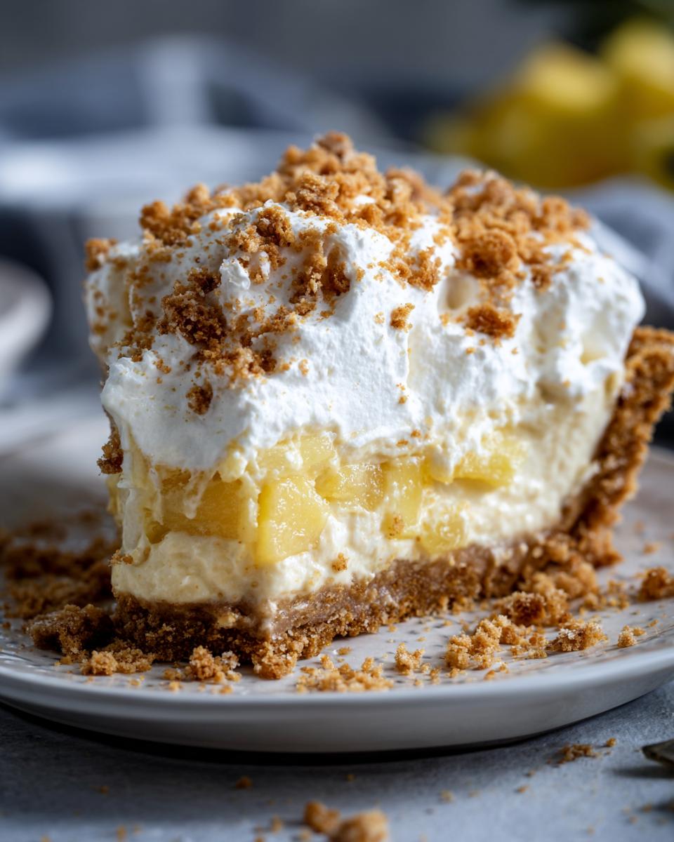 A close-up slice of millionaire pie featuring a graham cracker crust, creamy filling, pineapple chunks, whipped topping, and crumble.