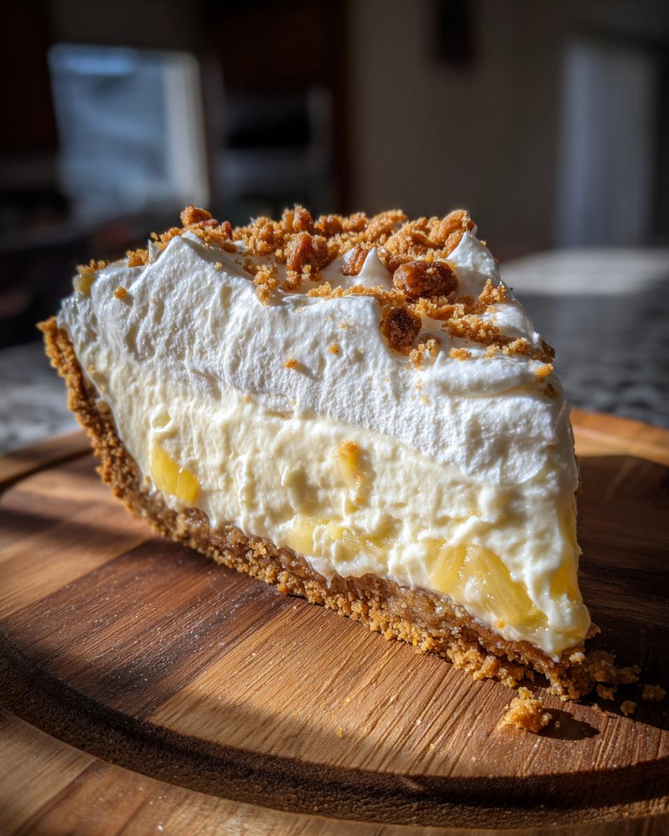 A thick slice of millionaire pie showing graham cracker crust, creamy filling with fruit chunks, and whipped topping sprinkled with crumbs.