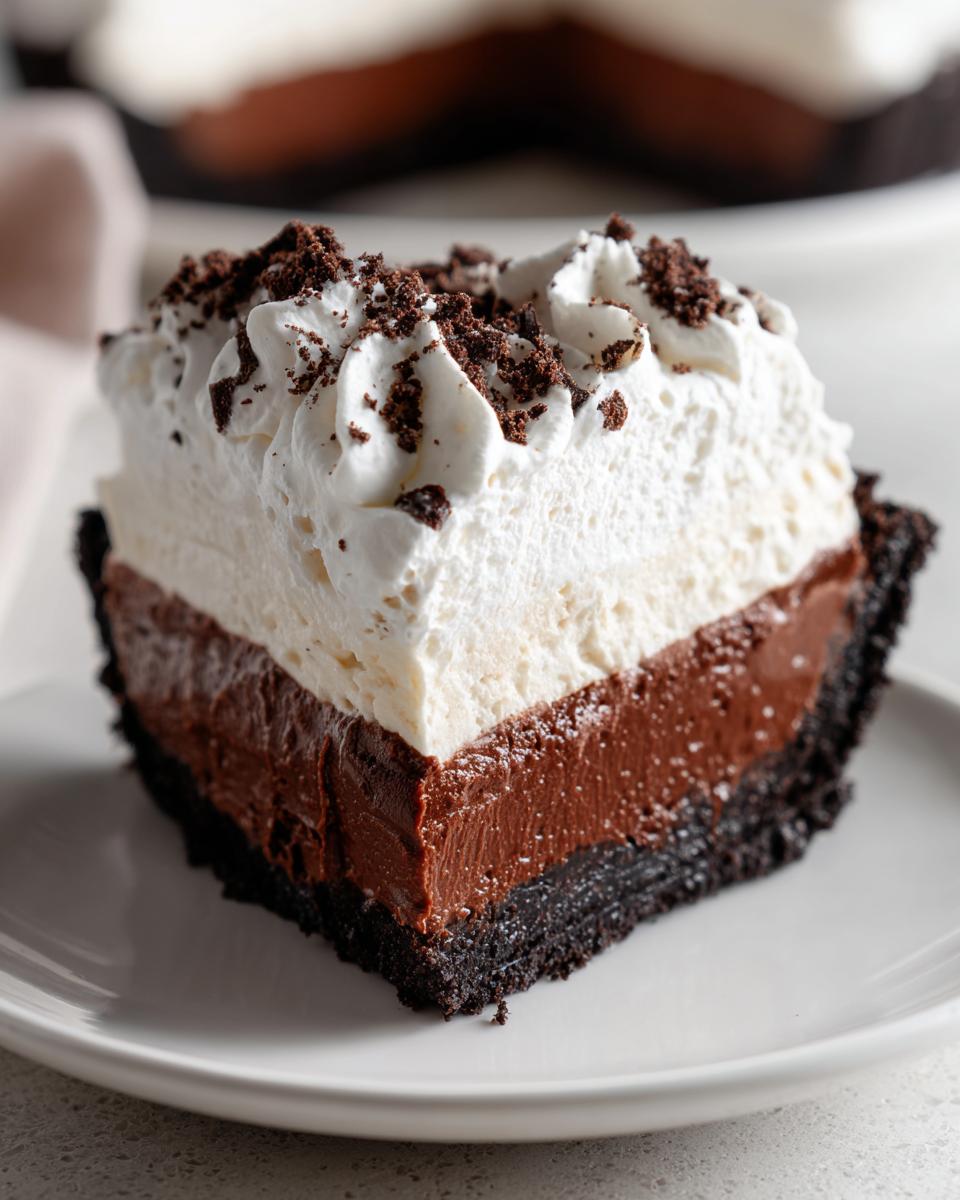 A perfect slice of layered mud pie featuring a dark crust, rich chocolate filling, and thick whipped topping sprinkled with chocolate crumbs.