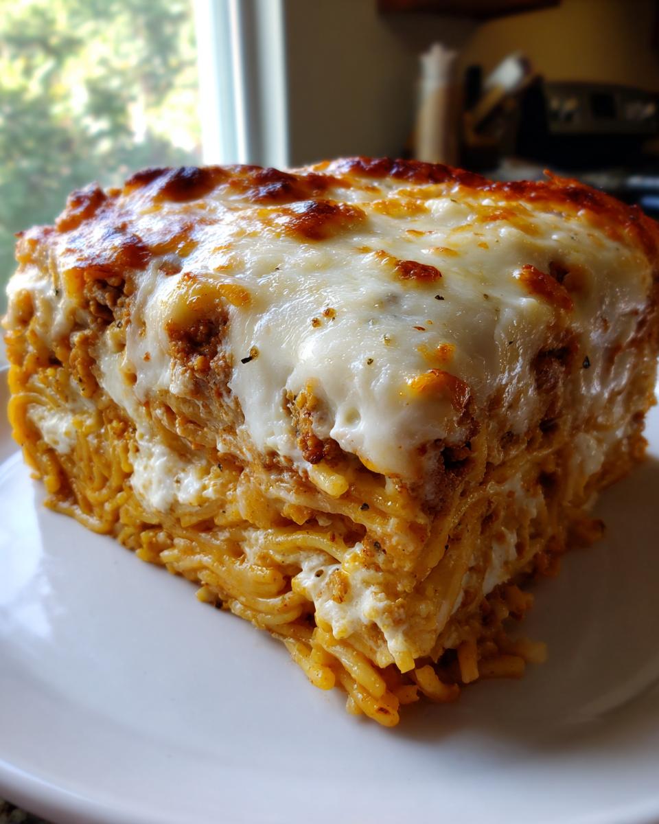 A thick, square slice of baked spaghetti pie featuring layers of pasta, meat sauce, and a bubbly, melted mozzarella cheese topping.