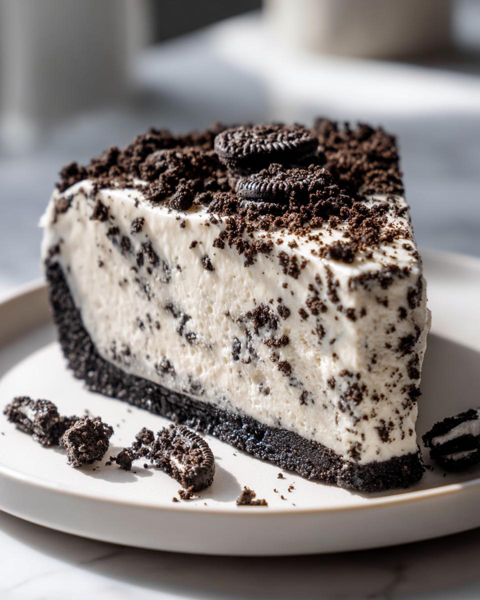 A decadent slice of Oreo pie featuring a creamy white filling studded with chocolate cookie pieces and topped with crumbs and mini cookies.